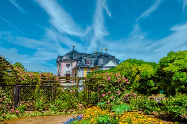 Dornburg Castle surrounded by flowers and rose walks
