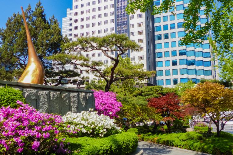 view of garden among skyscraper with green bushes and white and pink azaleas