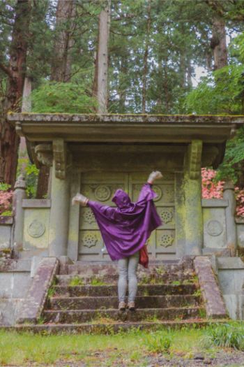 stone gate in Nikko, Japan, with woman in purple rain poncho