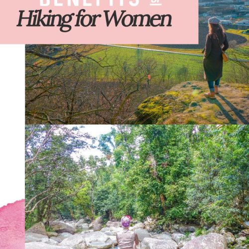 one photo of woman standing on rocky outcrop looking over fields and another showing a woman sitting on rocks in a jungle