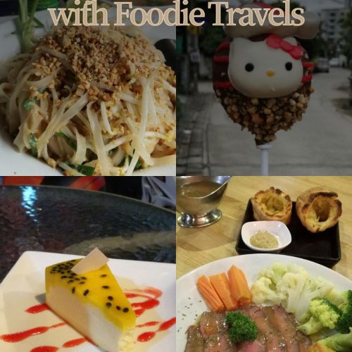 collage of four food photos showing pad thai, steak, cake and pop cake