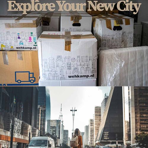 picture of packed moving boxes and a woman standing on an intersection looking at skyscraper skyline