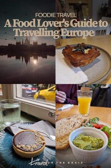 dark silhouette of parliament in front of grey sky with sun and three photos of beautifully prepared meals