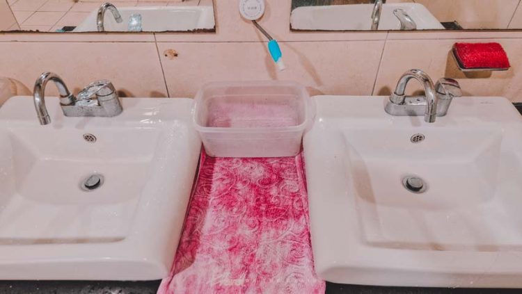 two washing room sinks with blue hard soap