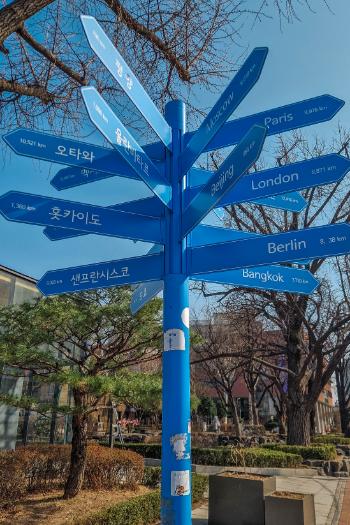 blue signpost with multiple directions to worldwide cities